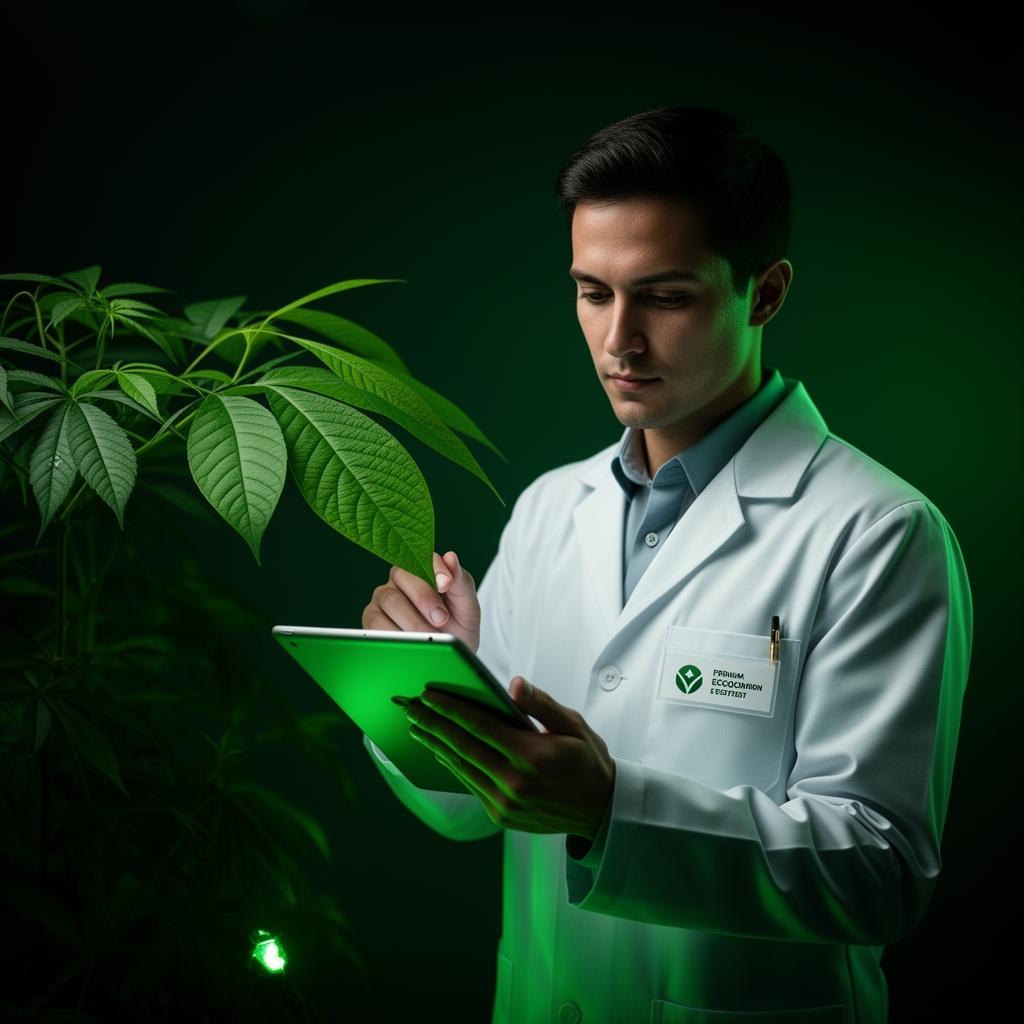One Earth eco specialist examining a plant leaf